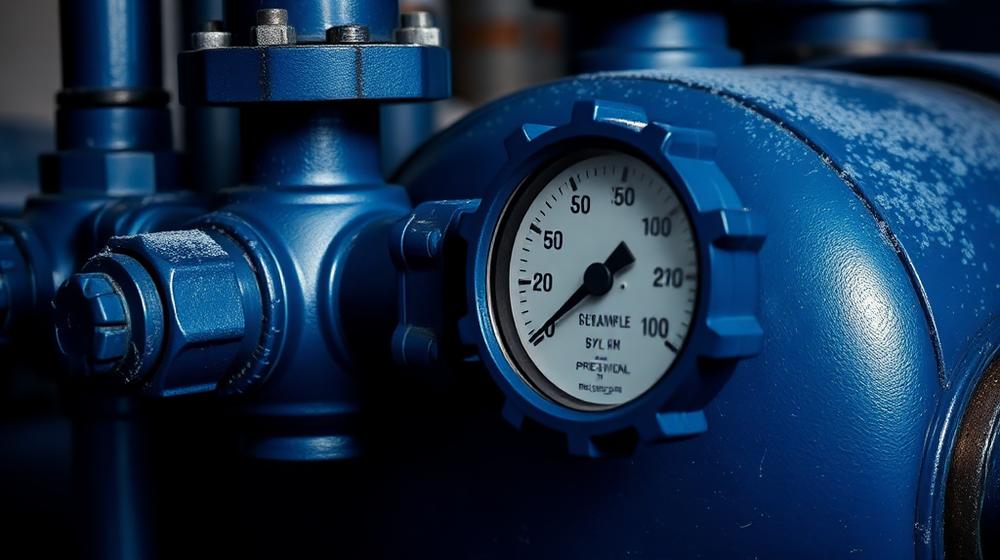 Blue industrial boiler valve and pressure gauge