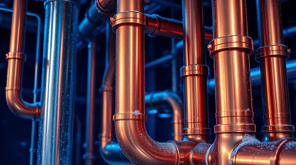 Polished industrial copper and steel plumbing pipes
